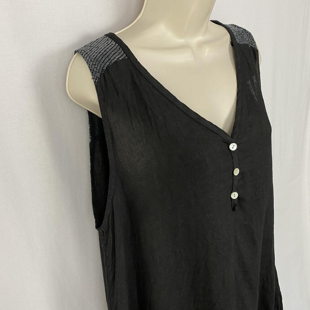 Angela Mara Linen Shift Dress Womens Large Black Sequin Trim Lagenlook Flowy - Picture 2 of 12